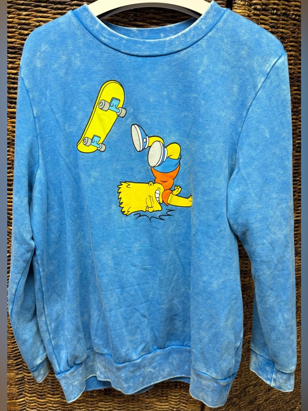 The Simpsons-Blue Crewneck Sweatshirt- Bart Simpson Skateboard-XXL, Runs Small